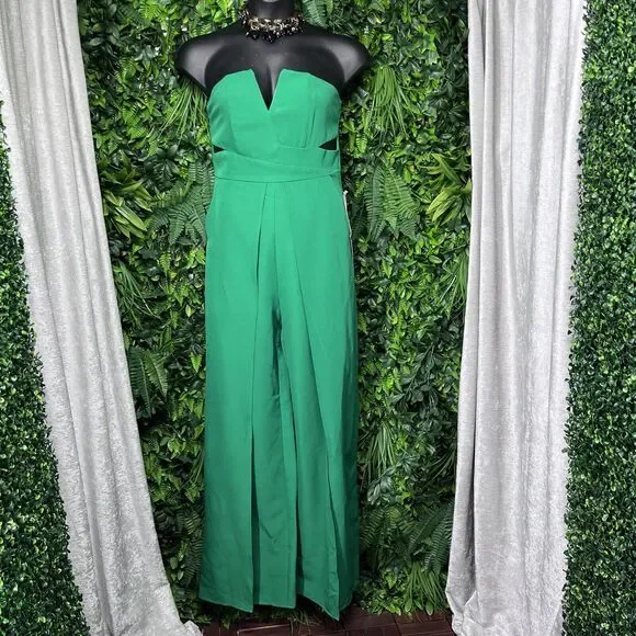 LUXXEL Jumpsuit Women Large Green Pants Pleated Strapless Split Leg Cut Out 2345 - Picture 7 of 10